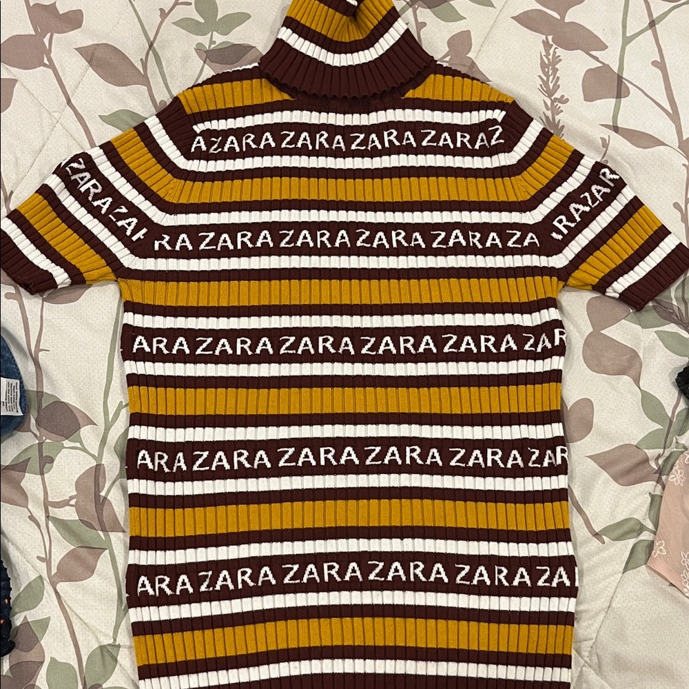 Zara Mustard, Brown & White Striped Logo Turtleneck Sweater